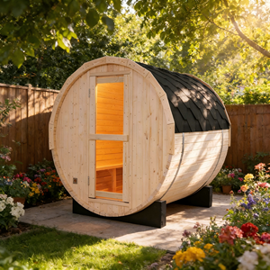Sauna de Barril de Pino Blanco para 4 Personas con Calentador de 6kW y Tejas Exteriores Resistentes a la Lluvia - Product Image 1