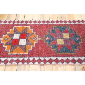 Alfombra Turca Vintage de 2.8x12 pies (85x365 cm), Alfombra Geométrica Roja Anaranjada Herki - Product Image 3