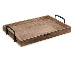 Bandeja de servicio de madera de acacia saludable para comida rápida de moda de usos simples de Color Natural con mango de Metal negro para servir comida bandeja de lujo - Product Image 3