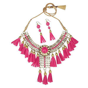 Jeweljunk Luxury <b>Statement</b> <b>Necklace</b> 1106630D Pink Thread Gold Rhodium Plating Fine Copper Brass Jewelry Fashion Jewelry Sets - Product Image 1