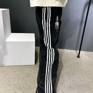 Personalizado de los hombres heavyweigth400 + GSM pantalones de chándal lavado ácido frente impresión suelta recto lado rayado cordón cintura pierna ancha Casual - Product Image 4