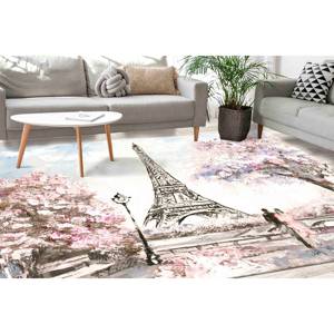 Tapis imprimé vue sur Paris - Couple romantique, Tour Eiffel, feuilles roses, tapis fin non tissé - Product Image 2
