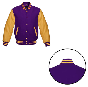 Qualité supérieure Letterman Baseball College Varsity Jacket Slim manches en cuir véritable violet et or pour l'hiver - Product Image 5