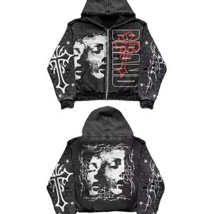 Sweat à capuche unisexe personnalisé par le fabricant, 100% coton épais 350g, imprimé automne, avec poche zippée, délavé à l'acide, effet vieilli, coupe oversize - Product Image 5