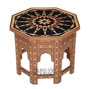 Mesa Auxiliar Octogonal Hecha a Mano con Incrustaciones Geométricas Islámicas y Tallado Intrincado en Madera para Decoración Oriental del Hogar - Product Image 1