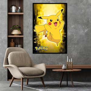 Affiche néon moderne Pokémon Pikachu sur toile avec cadre noir pour décoration murale - Product Image 1