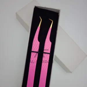 Pinzas de extensión de pestañas de 90 y 45 grados de Color rosa fuerte Pinzas de pestañas de volumen de acero inoxidable alemán con agarre de diamante