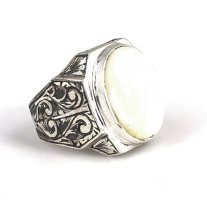 Bague pour homme en argent sterling 925 avec serti clos et pierre en nacre ovale et en forme de stylo pour un usage quotidien - Product Image 3