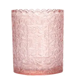 Tarro de vela de vidrio en relieve semitransparente Rosa personalizado de 10 oz./300ml para hacer velas