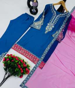 Hermoso Conjunto de 3 Piezas de Seda Chinnon de Alta Calidad con Bordado, Kurti Informal de Diseñador para Fiestas, Pantalón y Dupatta con Organza Repujada - Product Image 6