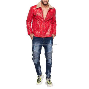 Elegante chaqueta de cuero rojo para hombre con cierre a presión de cuello de piel de oveja, perfecta para ropa de calle y salidas de invierno - Product Image 5
