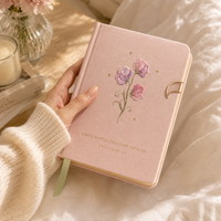 Carnet personnalisé LABON brodé, couverture en tissu de lin rose poudré, texte doré, marque-page en ruban, mois de naissance, OEM ODM