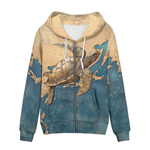 Sweat à capuche en molleton pour femme, imprimé graphique tortue de mer et carte du monde ancien, confort premium, impression par sublimation 3D, intérieur en polaire doux - Product Image 1
