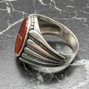 Ottoman Style Men's Sterling Silver <b>Ring</b> with Red Agate Handmade Masculine Turkish Jewelry Oval-shaped Carnelian <b>Statement</b> <b>Ring</b> - Product Image 4