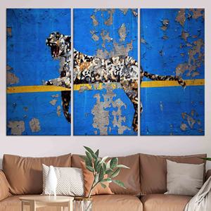 Obra de arte impresa en lienzo con grafiti de leopardo de Banksy - Decoración moderna para pared, JUEGO DE 3 LIENZOS - Product Image 1