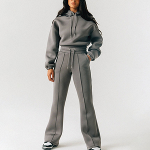 คุณภาพสูง 2 ชิ้น Sweatsuit ชุดวอร์มชุดแขนยาว Crop Hoodie ขากว้าง Flare Jogger ชุดสําหรับสตรี