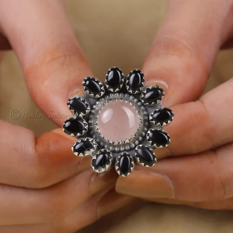 925 Sterling Silver Natural Black Onyx & Rose Quartz Gemstone Yellow & Rose Gold Vermeil Fashion Ring Jewelry At Lowest Price
