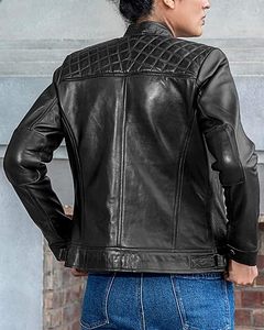 Women's Genuine Leather Slim Fit Biker <b>Jacket</b> Cafe Racer Motorcycle Quilted Solid Knitted Autumn Winter Stand Collar Outerwear - Product Image 2
