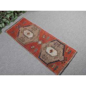 1.4x3.4 ft Rug, Turkish Vintage Rug, <b>Red</b> <b>Wool</b> Rug - Product Image 1