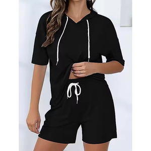 Camisetas de mujer, venta al por mayor, sudadera con hombros descubiertos para mujer, camisetas para niñas, Camiseta holgada y pantalones cortos para mujer, conjunto de 2 piezas para mujer - Product Image 1