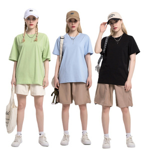 เสื้อยืดแขนสั้นสำหรับผู้หญิงและผู้ชาย, เสื้อยืดผ้าฝ้ายทรงหลวมโลโก้ OEM แบบเรียบๆสำหรับ190gsm เท่ออกแบบได้ตามต้องการ - Product Image 3