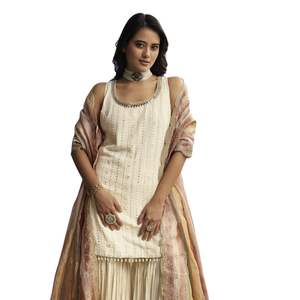 Marfil Lucknowi Sharara conjunto con tejido Dupatta para la venta al por mayor de ropa de novia Eid celebraciones recepciones y a granel festivo étnico - Product Image 3