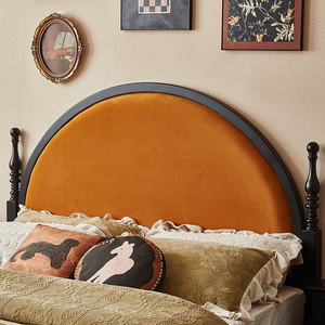 Round <b>Bed</b> With Orange Velvet Headboard <b>Platform</b> Style Eclectic Design Solid Wood <b>Frame</b> King Queen Full Size - Product Image 1