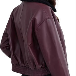 Chaqueta Corta de Cuero para Mujer, Invierno 2026, Piel de Oveja, Cuello de Sherpa Extraíble, Cierre Frontal con Cremallera, Forro de Algodón, Estilo Bomber - Product Image 2