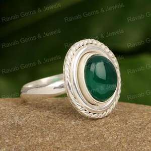 Anillo hecho a mano de diseñador definitivo para mujer, recién llegado, 8x10mm, forma ovalada, ónix verde, multibisel, anillos finos de Plata de Ley 925 - Product Image 1