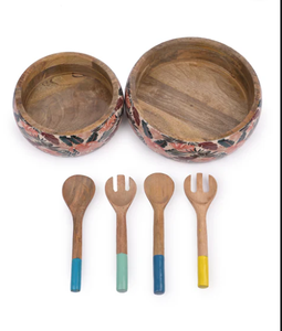 Indian Handicraft <b>Enameled</b> Print Design Natural Wood Tableware Salad <b>Bowl</b> Dinnerware Flatware Decorative Salad 2 <b>Bowl</b> - Product Image 3