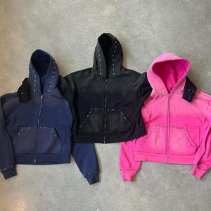 Sweat à capuche fonctionnel en molleton français délavé au soleil, personnalisé OEM, avec fermeture éclair, rivets, lourd, orné de strass - Product Image 6