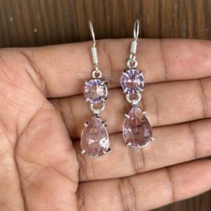 <b>Rose</b> <b>Quartz</b> 925 Sterling Silver Pear Shape Crystal Dangle Drop <b>Earrings</b> Fashionable Gift for Women - Product Image 1