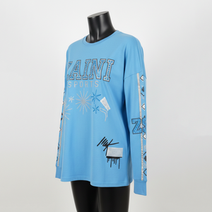 T-shirt à manches longues en jersey de coton premium bleu ciel avec panneau de manche et strass, personnalisable par transfert thermique (logo) - Product Image 4