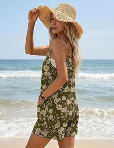 Women Floral Printed Spaghetti Strap <b>Jumpsuit</b> V-Neck Loose Fit Above Knee Casual Spring Summer Breathable Chiffon Shorts Outfit - Product Image 2