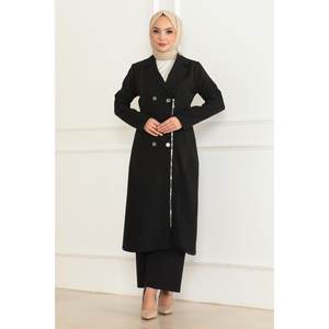 Conjunto de Dos Piezas Casual Negro MSW19219-1 con Cierre de Cremallera y Detalle de Botones, Top Largo Talla XXS y Pantalones Cortos a la Altura de la Rodilla - Product Image 3