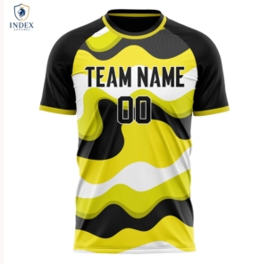 Maillot de football sublimé INDEX APPAREL pour homme, col rond, manches courtes, jaune, noir, blanc, motif géométrique, évacuation de l'humidité - Product Image 1