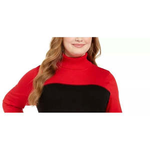 Maglione a Collo Alto da Donna Calvin Klein Rosso con Blocchi di Colore, Alta Qualità, Stile Coreano, Stampa Frontale Parziale, Taglia 1X per Autunno/Inverno - Product Image 3
