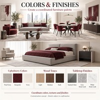 Ensemble de meubles modernes gris perle et bordeaux sur mesure pour toute la maison, canapé, table ronde à manger, chaises et lit rembourré