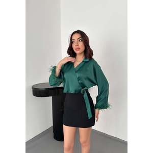 Emerald <b>Feather</b>-Cuffed Satin Crop - Emerald - Product Image 2