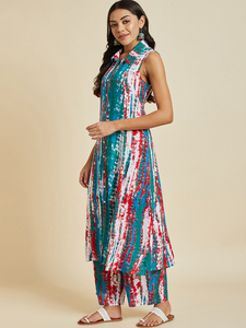 Nouveauté : Kurtis Rama pour femmes, prêt-à-porter, multicolores, imprimé tie-dye, col en V, coupe trapèze, en rayonne pure, avec pantalon palazzo assorti, vente en gros OEM - Product Image 4