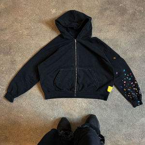 Top Design Cut and Coser Garment Custom 100% Cotton French Terry Distressed Zip Up Rhinestone Stone Washed Hoodies para hombres - Product Image 4