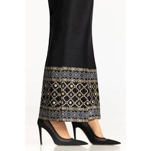 Pantalon évasé noir 100% soie brute imprimé au bloc, taille haute avec broderie à la main, tissu crêpe TR-24-22 - Product Image 3