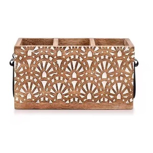 Rustic Finished Wooden <b>Caddy</b> With 3 Compartments and Napkin Roller Handle for Home Hotel <b>Kitchen</b> Appliances Use - Product Image 4