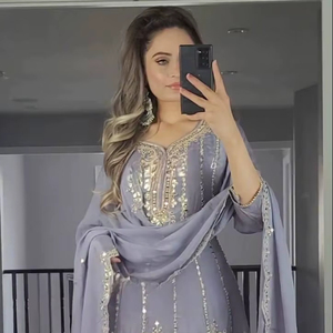 Lourd pur Faux Georgette dernier concepteur vêtements de fête de mariage séquence broderie haut et imprimé Dhoti Salwar avec Dupatta - Product Image 1