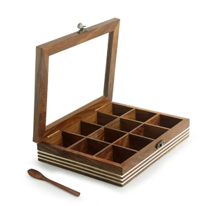 Hand Engraved Rectangular Spice Box With Spoon In Sheesham Wood 12 Container Spice Box With Spoon kitchen decor - Product Image 2