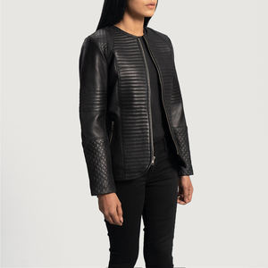 Veste en cuir matelassée noire pour femmes, col rond, fermeture éclair sur le devant, vêtements d'extérieur, style de couture horizontale, mode féminine - Product Image 3