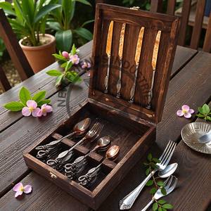 Nouvelle édition Ensemble de couverts en cuivre de style antique Ensemble de couverts en cuivre médiéval 20 pièces Ensemble de couverts avec boîte en bois Ensemble de repas de camping - Product Image 2