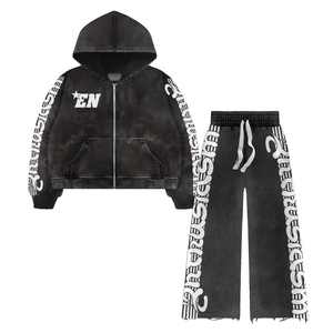 Sudadera con capucha de algodón de felpa francesa de peso pesado de 320GSM Unisex, chándal con cremallera, estampado de pantalla, pantalones de chándal acampanados lavados con ácido para hombre - Product Image 5