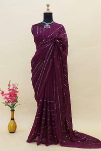 Ropa étnica india exclusiva de diseñador, elegante Sari elegante con blusa de moda, tela Georgette suave para fiestas de invierno - Product Image 3