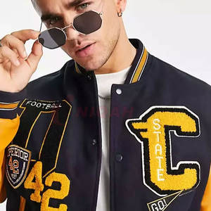 Meilleure Qualité Letterman Varsity Veste Polyester Coton & Cuir High Street Style Violet Foncé Demi Blanc Hiver Tissu - Product Image 2